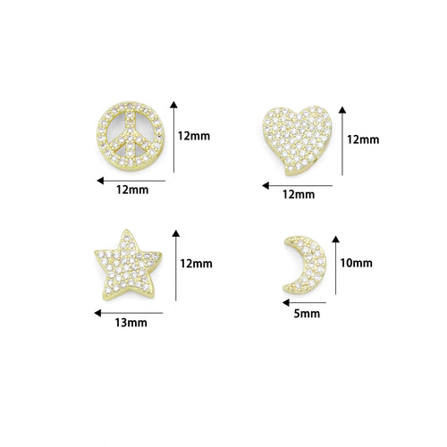 Clear CZ Gold Silver Heart Star Cresent Moon peace sign spacer beads Charm Pendant, Sku#LX945