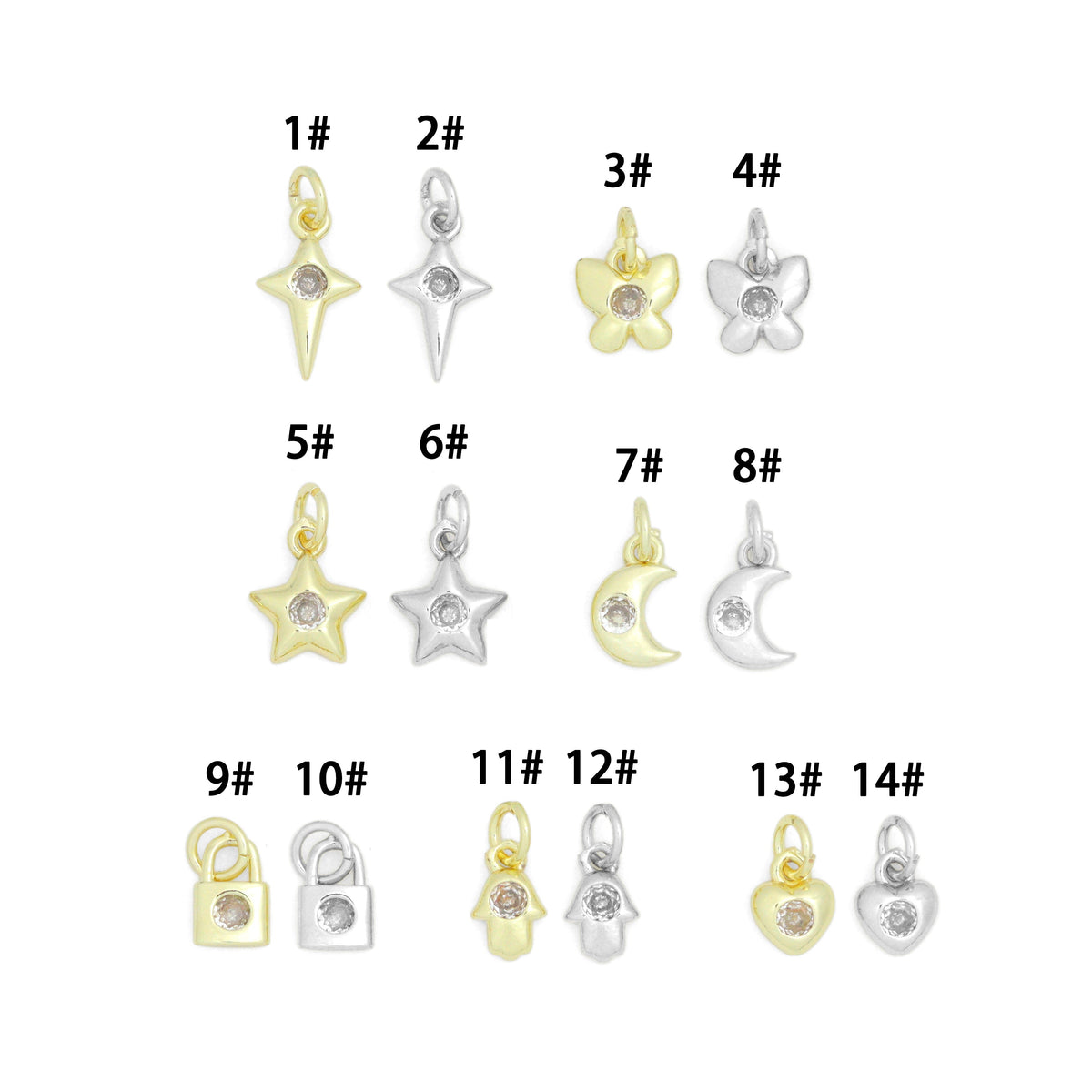 Clear CZ Gold Silver Star Butterfly Cresent Moon Lock Heart Charm Pendant, Sku#LX950