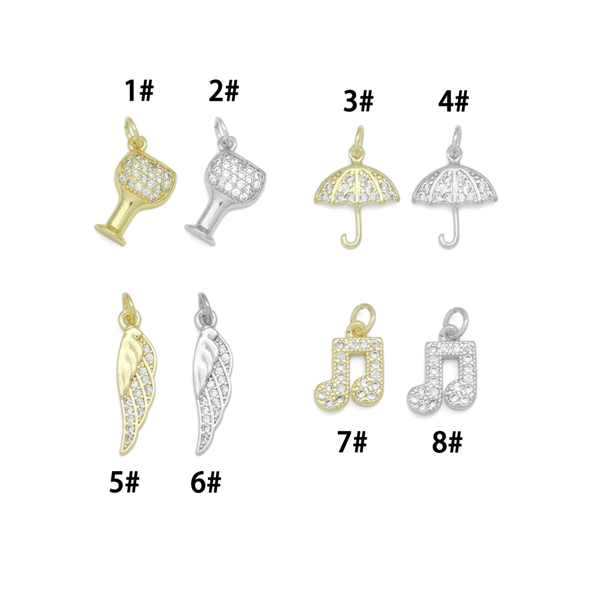Clear CZ Gold Silver Wine Glass Umbrella Wing Music Note Charm Pendant, Sku#LX951