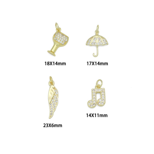 Clear CZ Gold Silver Wine Glass Umbrella Wing Music Note Charm Pendant, Sku#LX951