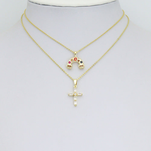 Gold Silver Rainbow Charm Cross Pendant, Sku#LX952