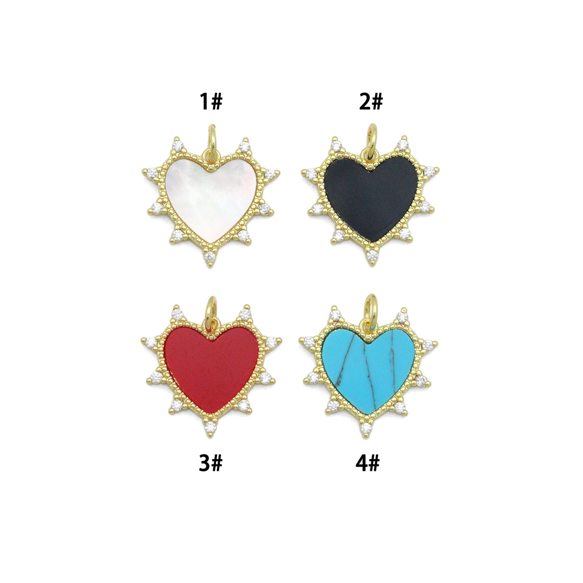 Gold Sunburst Spike Heart Pendant Collection – White, Black, Red & Turquoise, Sku#LX954