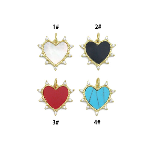 Gold Sunburst Spike Heart Pendant Collection – White, Black, Red & Turquoise, Sku#LX954