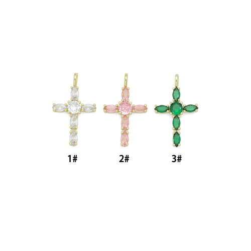 Gold Cross Pendant Collection – Clear, Pink & Green Crystal, Sku#LX958