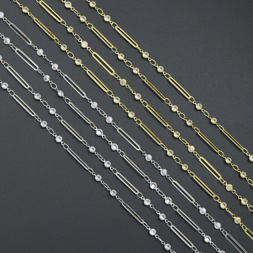 Gold Silver Wholesale paperclip link CZ chain by Yard, sku#LX959