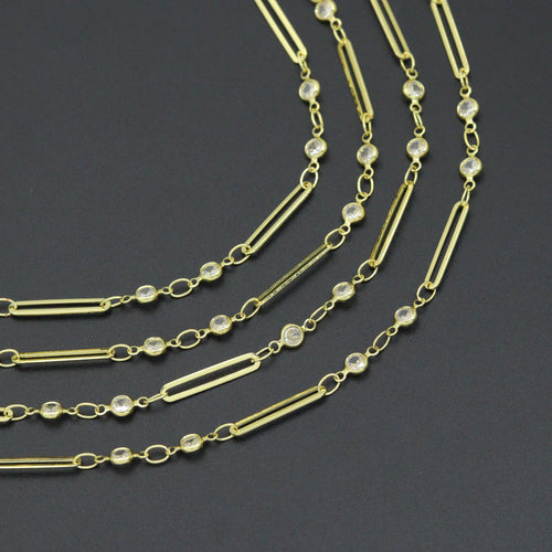 Gold Silver Wholesale paperclip link CZ chain by Yard, sku#LX959