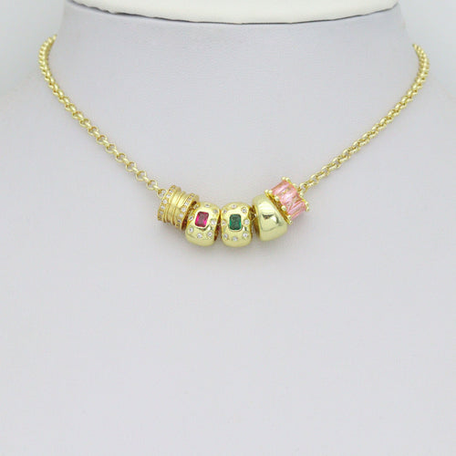 Pink Green CZ Gold Large Hole Oval Spacer Beads Charm Pendant, Sku#LX967