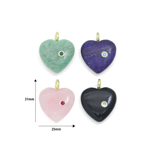Natural Gemstone Heart Stone Pendant with CZ, Sku#LY33