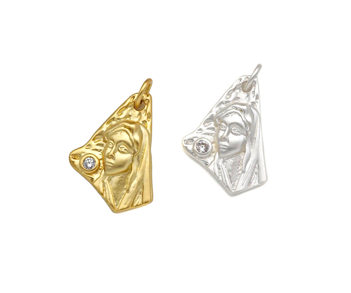 CZ Micro Pave Embossed Lady On Triangle Pendant,Cubic Zirconia Matt Silver/Gold Charm, Necklace Bracelet Charm Pendant, 19x13mm, Sku#Y453
